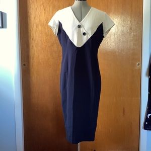 Collectif navy blue & white color block pencil dress XL UK16